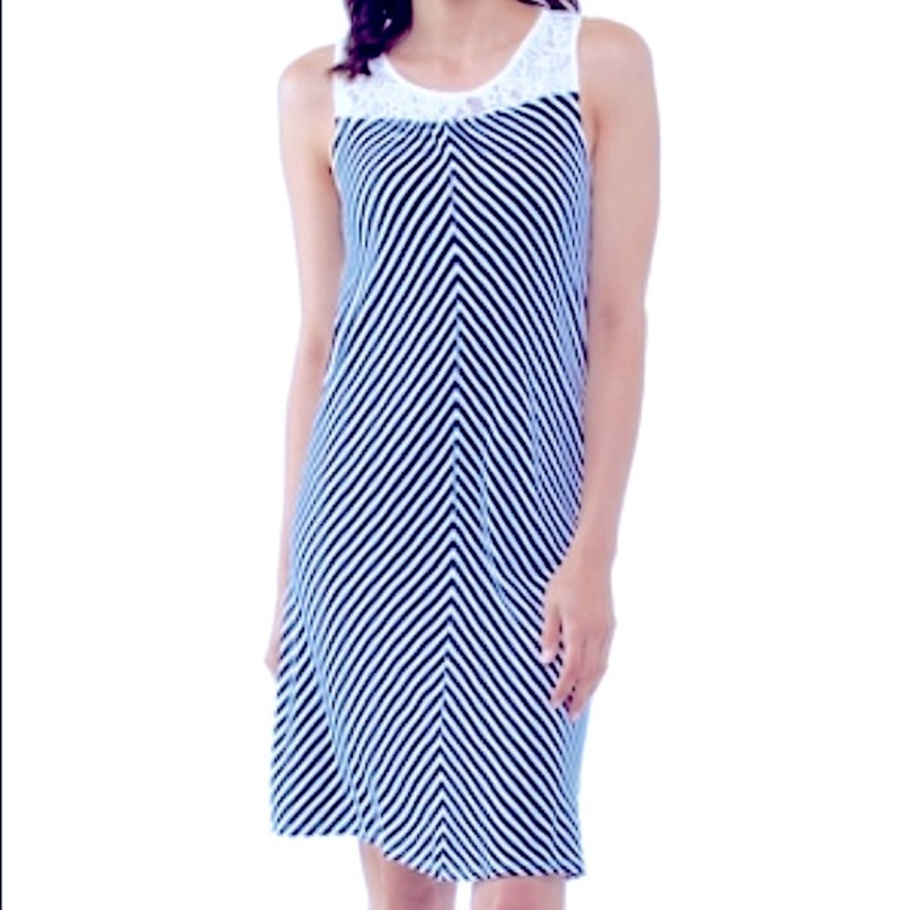 NWT Cherokee Sleeveless Blue/ White Stripes Laced Cotton Midi Dress
